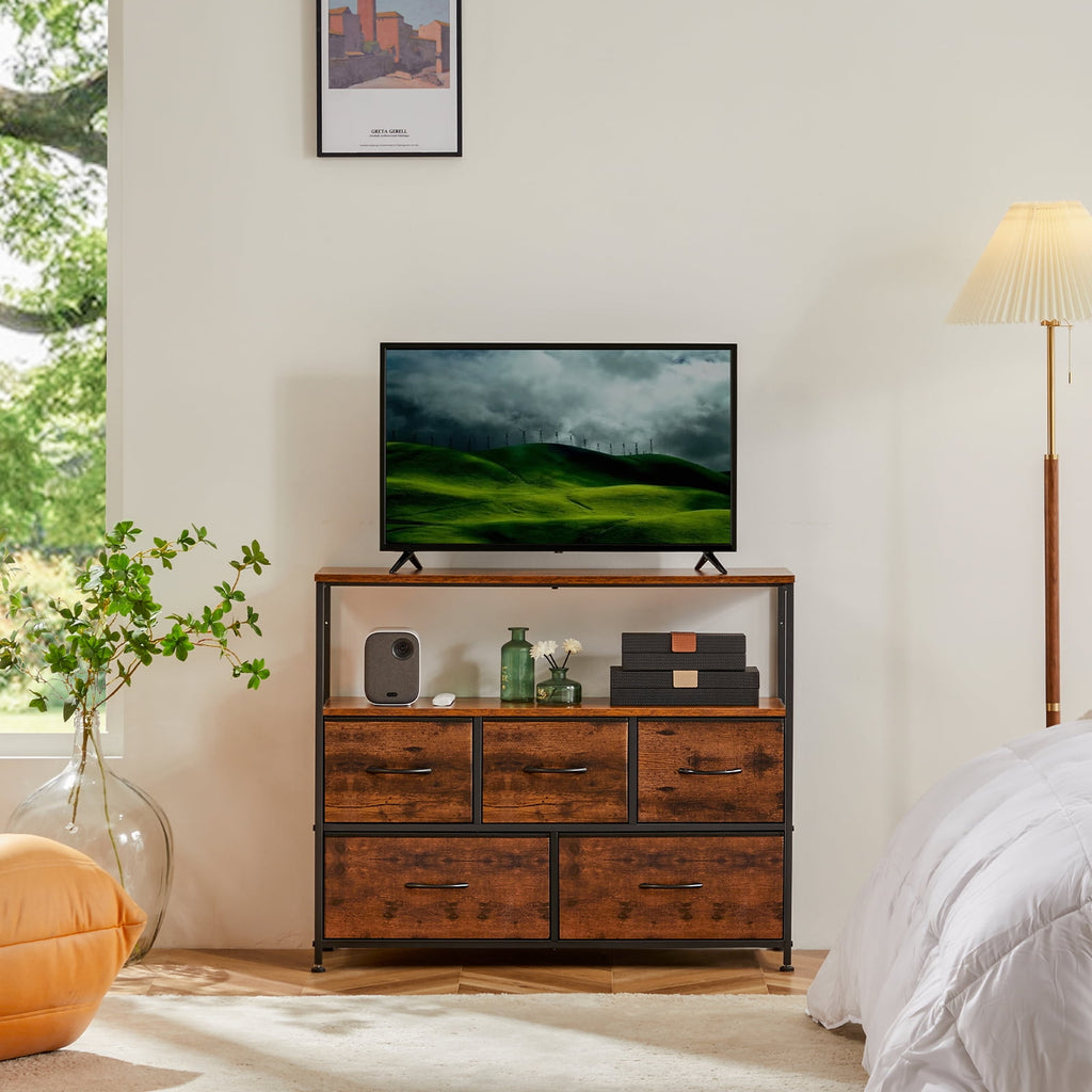 CONCETTA TV Stand Dresser with 5 Fabric Drawers and Open Shelving, Multi-functional Storage Unit Fits TV up to 45 inches for Bedroom Living Room Hallway, Rust