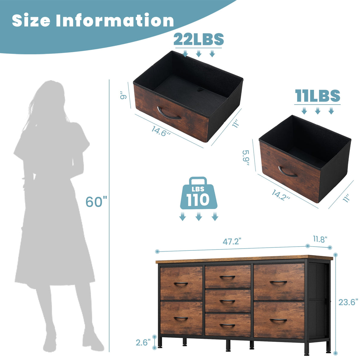 CONCETTA 7 Drawer Storage TV Dresser, Metal Frames Resist Deformation, Adjustable Feet Prevent Tipping, Accommodates TV Up to 55 inch, Suitable for Living Room, Rust Brown
