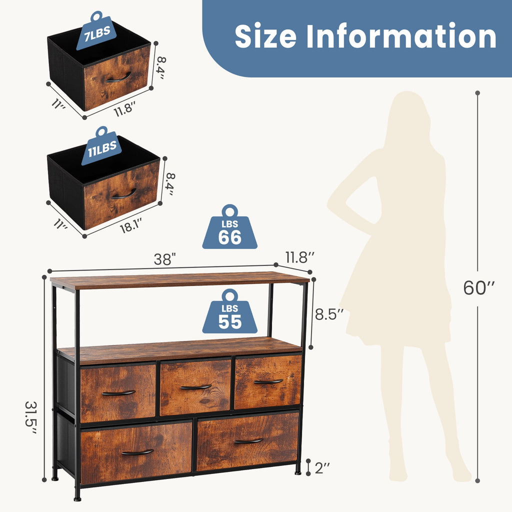CONCETTA TV Stand Dresser with 5 Fabric Drawers and Open Shelving, Multi-functional Storage Unit Fits TV up to 45 inches for Bedroom Living Room Hallway, Rust