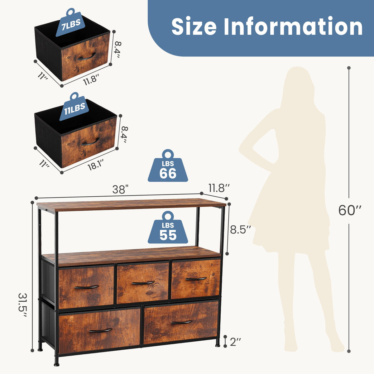CONCETTA TV Stand Dresser with 5 Fabric Drawers and Open Shelving, Multi-functional Storage Unit Fits TV up to 45 inches for Bedroom Living Room Hallway, Rust